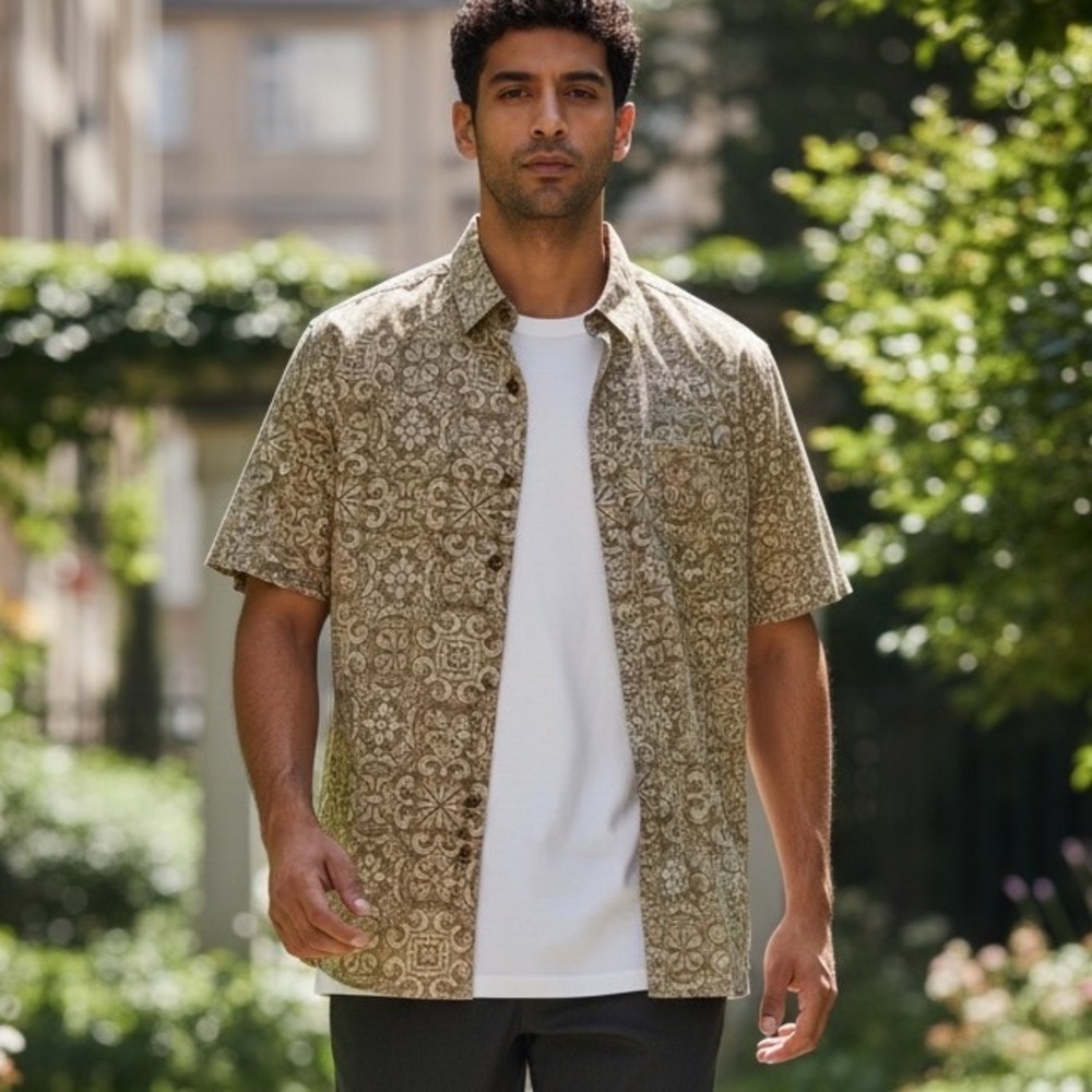 Visitor Premium Mens XL Doeskin Tan Damask 4-Way Stretch Button Down NWT